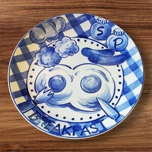 Vintage Handcrafted Salt and Pepper Blue Gingham Breakfast Plate